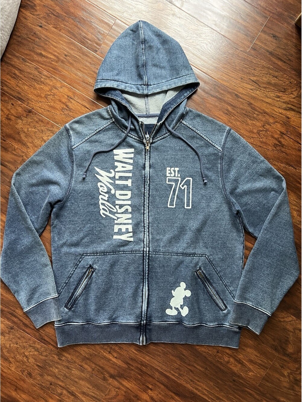 Walt Disney World Fill Zip Hoodie Stone Washed Micky Mouse Size Large Heavy EUC!